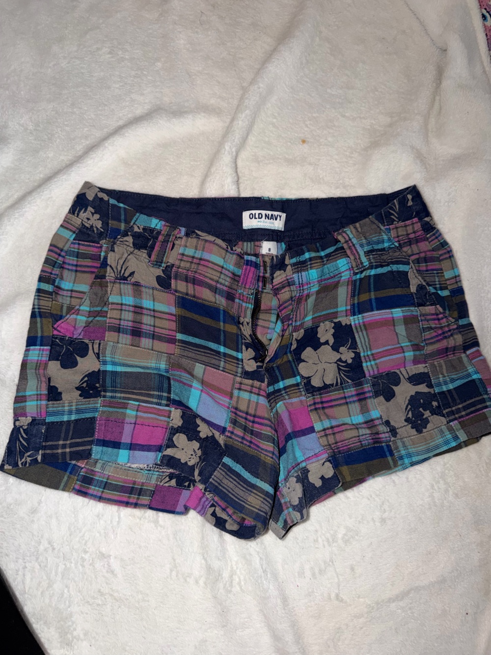 Old Navy Patchwork Plaid Floral Shorts in Teal, Magenta & Navy